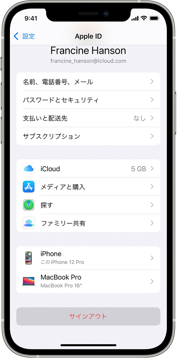 iPhone の画面の一番下に赤字の「サインアウト」ボタンが表示されているところ。
